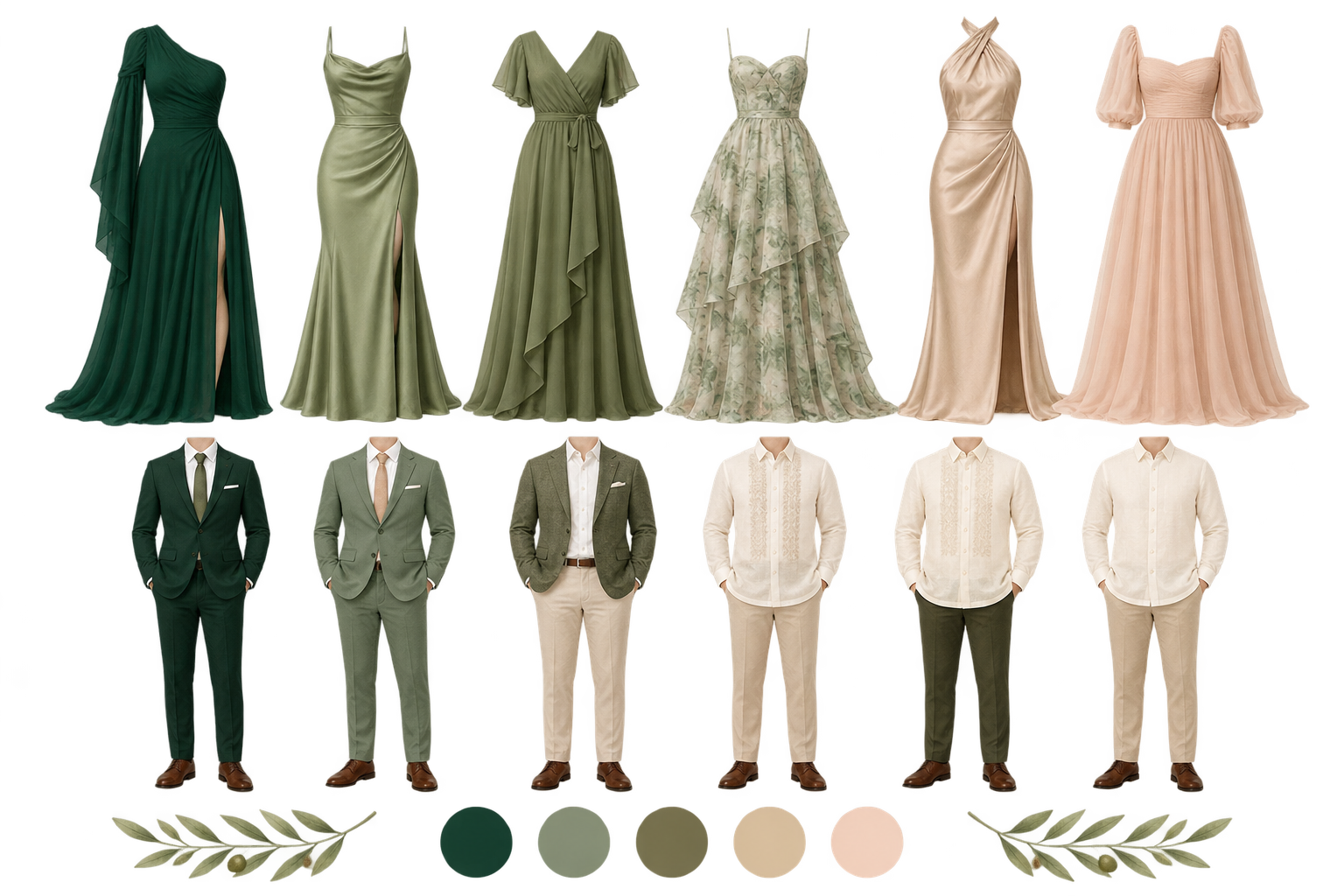 Attire inspiration board showing dress and suit options in the wedding palette